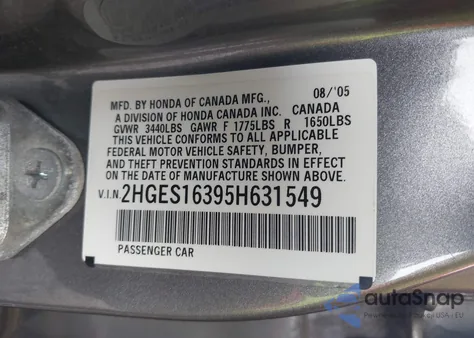 2005 Honda Civic Vp z USA, uszkodzony, nr VIN 2HGES16395H631549